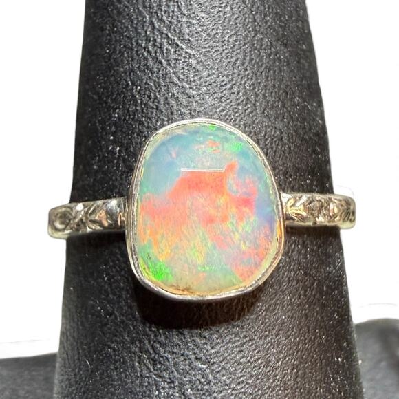 Pear Rose Cut Natural Ethiopian Opal Ring 925 Sterling Silver Size 8 Carved Band - Picture 3 of 5